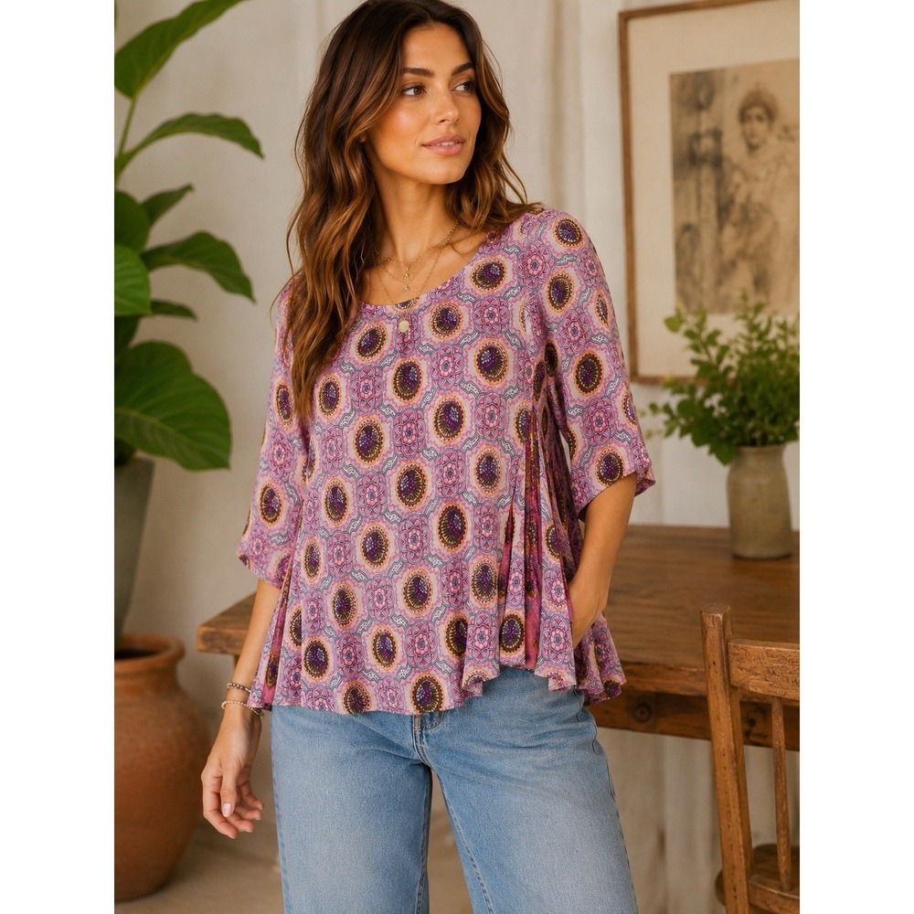Maeve Anthropologie Medallion‎ Print Blouse Women M Side Pleat Swing Top Boho